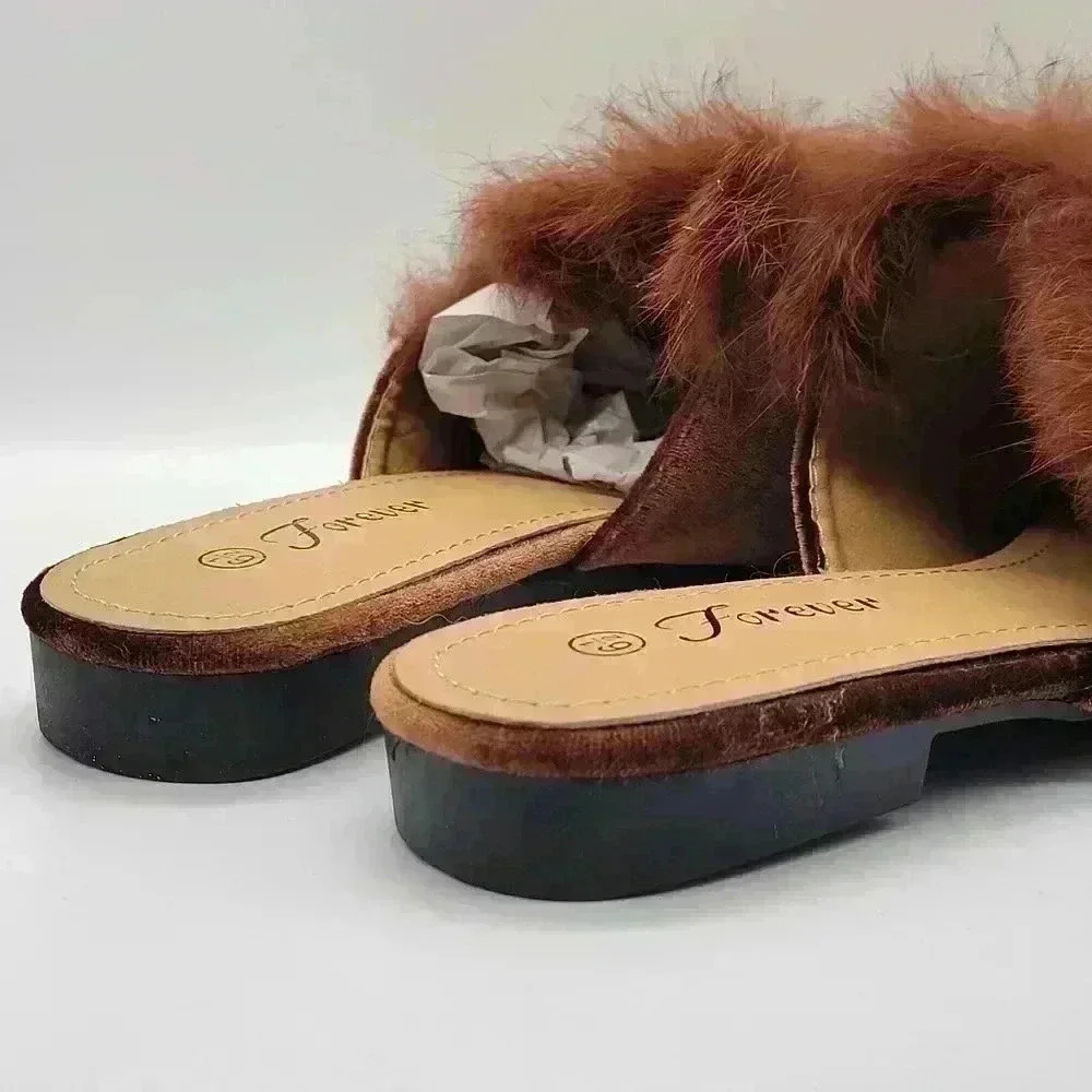 Forever Mule Furry Flat Women's Heel Slip on Slippers Shoes Size 6 1/2 Brown Tan - Picture 9 of 9